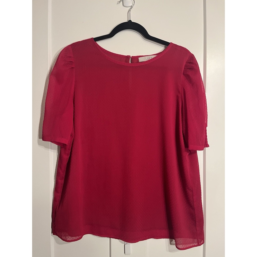 LOFT Women’s Large Pink Swiss Dot Sheer Puff Sleeve Blouse Lined Career Top